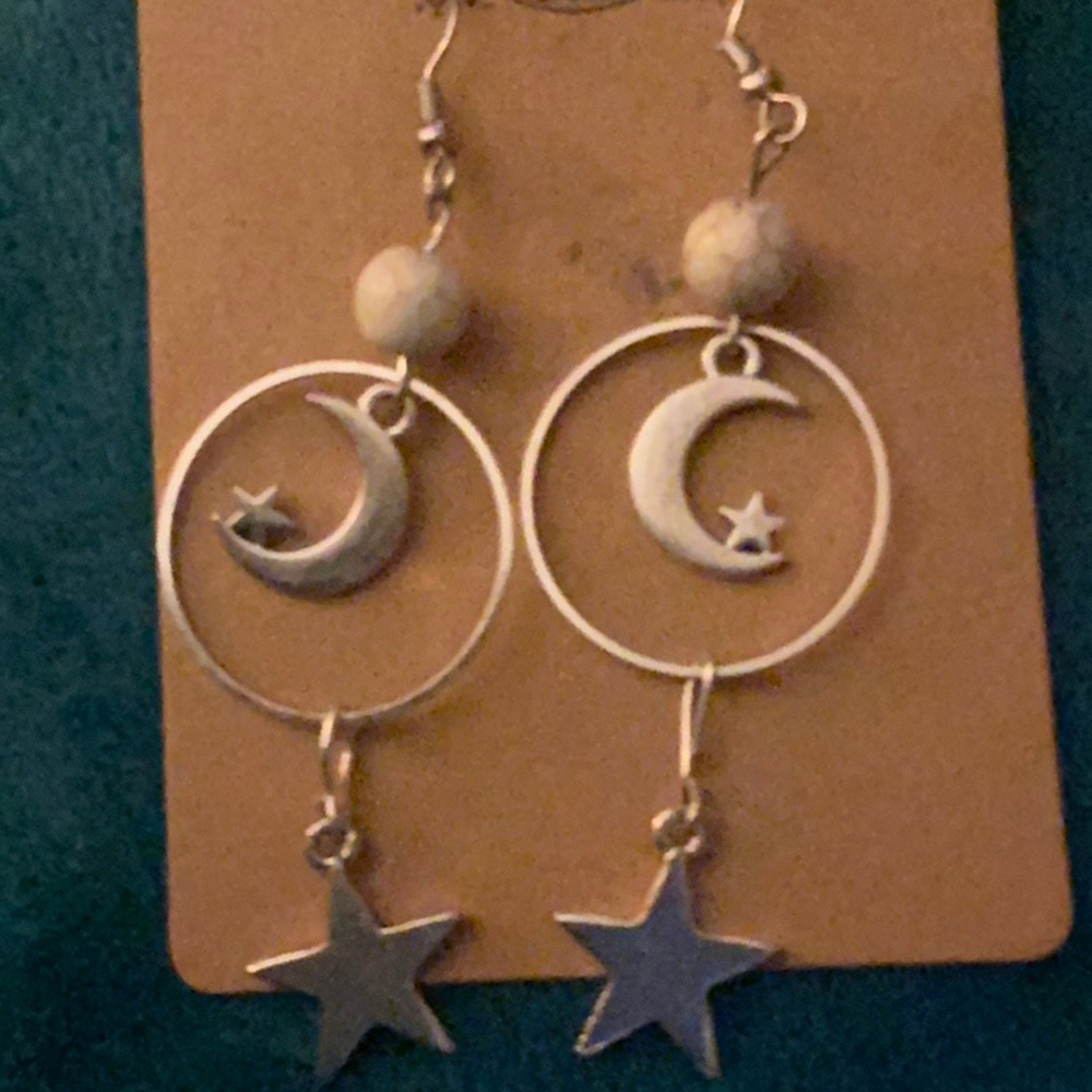 Silver Moon and Star Earrings with white turquoise.